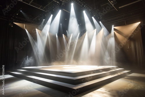 A clean and modern stage environment, with soft overhead lighting casting a gentle glow on the raised platform, inviting performers to take the spotlight.