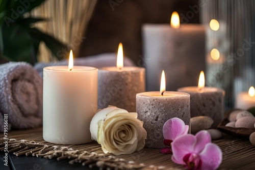 Aromatherapy candles burning with soft, soothing light, promoting relaxation and stress relief