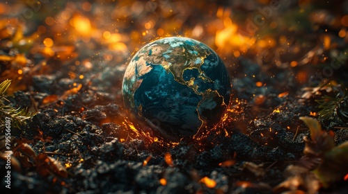 Glowing Earth globe on fire, global warming concept - hyper-realistic depiction of a world ablaze amidst dark soil and embers, symbolizing environmental crisis and climate change urgency