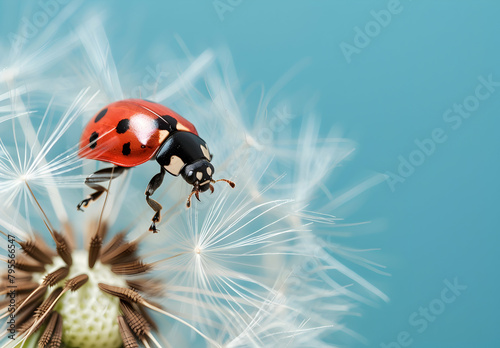 an isolated red ladybug on top of a dandelion seed head, flying in front of a blue sky background