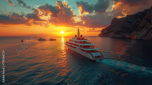 As the sun sets behind rugged cliffs, a luxurious yacht cruises near the shore, capturing the essence of adventure and opulent travel, ideal for marine-themed advertising and luxury travel editorials