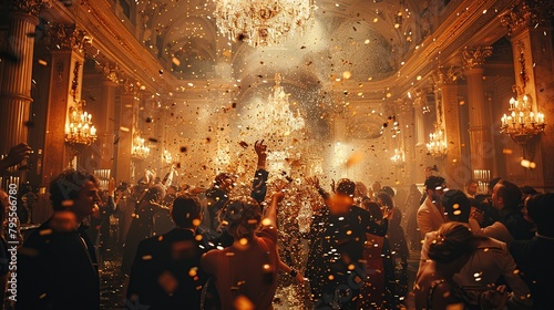 The thrill of celebration is palpable as confetti bursts in a grand ballroom, ideal for depicting euphoric festivities and grand events, with room for text in the dynamic space.