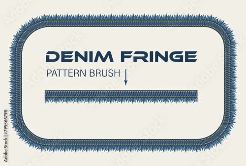 Rectangular denim frame. Pattern brush with denim fabric, double topstitching, fringe. Design element in vintage style. photo