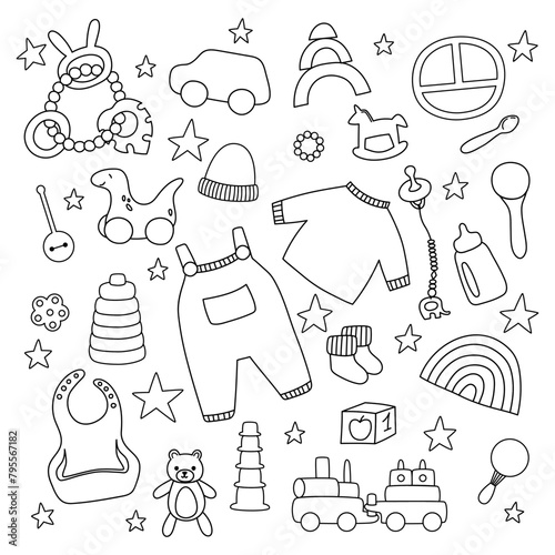Set of line cute boho baby objects in Scandinavian style. Cartoon outline doodle kids clipart for baby shower invitation card, nursery room decor, poster. Vector illustration.