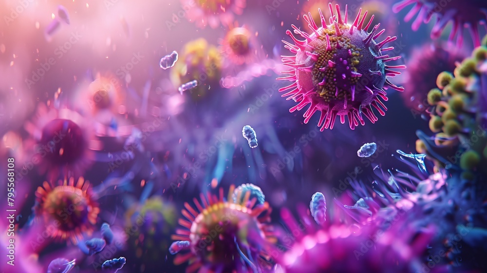 Fototapeta premium Stunning microscopic vista of vibrant viruses in mid-invasion, evoking the dynamic nature of pathogen interactions, Concept of virology, pathology, and medical visualization