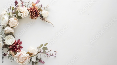A white background with a flower arrangement in the center. The flowers are pink and white. The arrangement is circular and has a wavy design