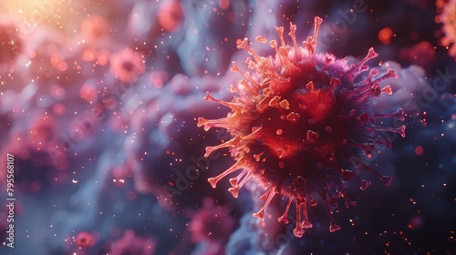 Dynamic macro image of a single virus particle in focus against a blurred background, symbolizing disease spread  Concept of infection control, epidemiology, and medical research © Picza Booth