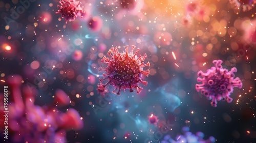 Close-up view of vibrant pink virus particles with a defocused background, depicting healthcare and pandemic concepts. photo