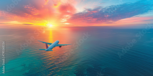 A white airplane flying over the ocean with a beautiful sunset in the background. The sky is filled with clouds and the sun is setting  creating a serene and peaceful atmosphere