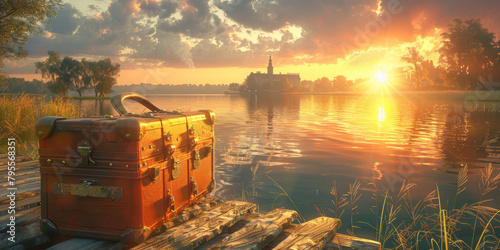 A suitcase is sitting on a dock by a body of water. The sun is setting, casting a warm glow over the scene. Concept of relaxation and tranquility