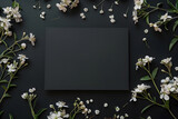 Stylish elegant flat lay black floristic greeting invitation post card with copy space mockup.