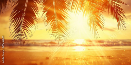 A palm tree is in the foreground of a beach scene with the sun shining on it. Concept of relaxation and warmth  as the palm tree and the beach setting evoke feelings of leisure and tranquility