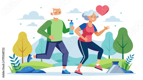 outdoor senior fitness woman man lifestyle active sport exercise healthy fit couple running jogging elderly mature having fun water bottle talking together, flat design simplistic vector illustration
