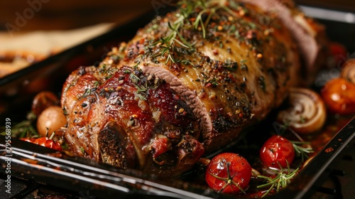 Gigot is a fried leg of lamb baked in the oven with seasonings and spices, the juiciest part of the lamb back. photo