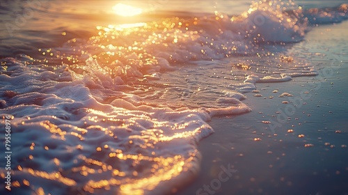 Golden sunrise over tranquil ocean with gentle waves