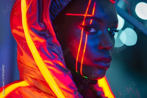 A futuristic colorful fashion designer creates modern cyberinspired styles with positive vibes. Concept Futuristic Fashion, Colorful Designs, Cyber-Inspired, Positive Vibes, Modern Styles photo