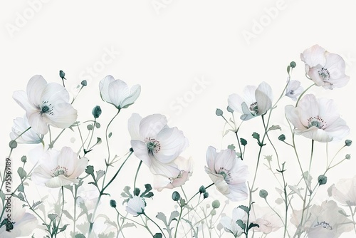 Botanical illustration of delicate flowers on a soft transparent white backdrop, perfect for natural-themed designs