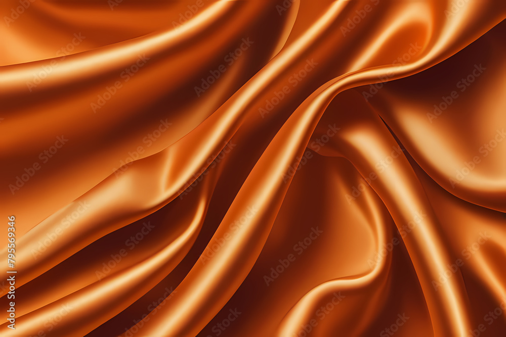 Fototapeta premium Orange silk fabric luxury background. Wavy abstract satin cloth texture pattern. Smooth shiny drape material curtain.