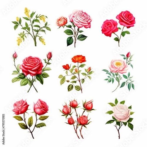Exquisite collection of watercolor roses, each painted with delicate strokes, isolated on a white background, water color, drawing style, isolated clear background