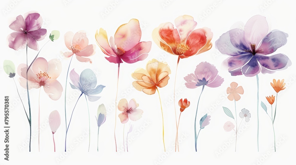 Gentle array of watercolor flowers in full bloom, each flower subtly colored and distinct, set against a white background
