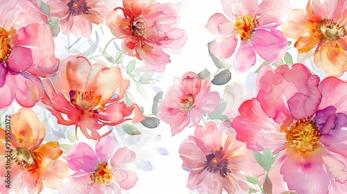 Fototapeta Naklejka Na Ścianę i Meble -  Gentle array of watercolor flowers in full bloom, each flower subtly colored and distinct, set against a white background