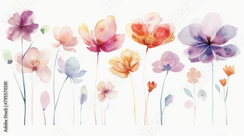 Gentle array of watercolor flowers in full bloom  each flower subtly colored and distinct  set against a white background