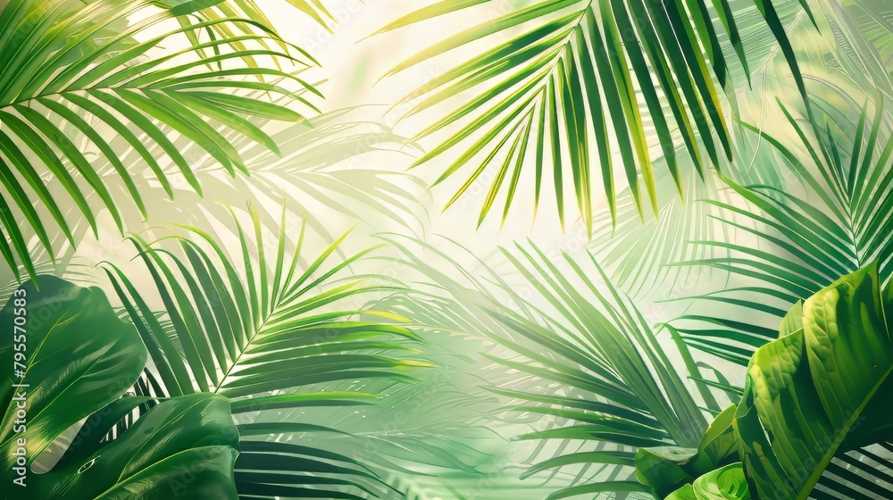 A lush green jungle with palm trees and leaves. Concept of tranquility and serenity, as the viewer is surrounded by the beauty of nature A lush green jungle with palm trees and leaves. Concept of tranquility and serenity, as the viewer is surrounded by the beauty of nature