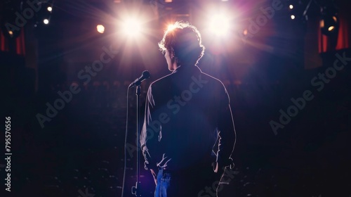 Young Caucasian male comedian performing his stand-up monologue on a stage of a small venue