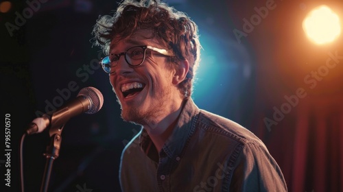 Young Caucasian male comedian performing his stand-up monologue on a stage of a small venue