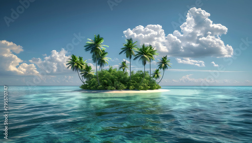 an island in the middle of ocean with lush green palm trees, blue sky and white clouds