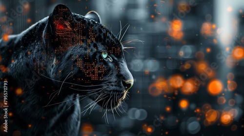 Double exposure business graphs and black panther, undomesticated cat portrait