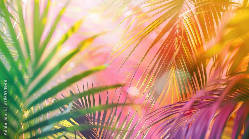 Obraz premium A colorful image of a palm tree with green leaves and pink and yellow colors. The image has a bright and cheerful mood, and it conveys a sense of warmth and relaxation
