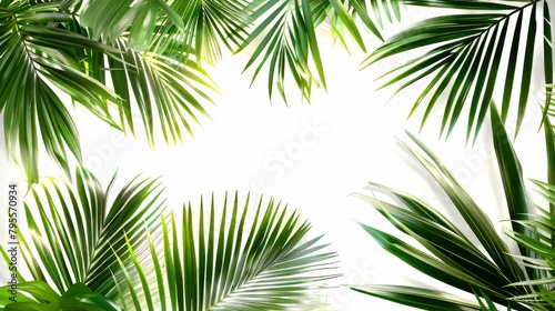 A close up of a leafy green palm tree with a white background. Concept of calm and tranquility, as the lush green leaves contrast with the stark white background
