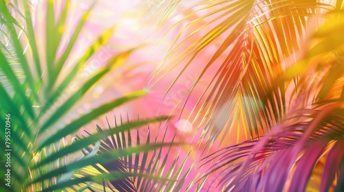 A colorful image of a palm tree with green leaves and pink and yellow colors. The image has a bright and cheerful mood  and it conveys a sense of warmth and relaxation