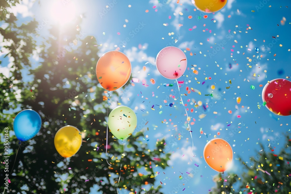 Bunch of balloons released into the air during a celebration, symbolizing freedom and joy Bunch of balloons released into the air during a celebration, symbolizing freedom and joy