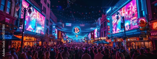 A lively street festival celebrating Bitcoin culture with a halving countdown stage set for a midnight celebration. photo