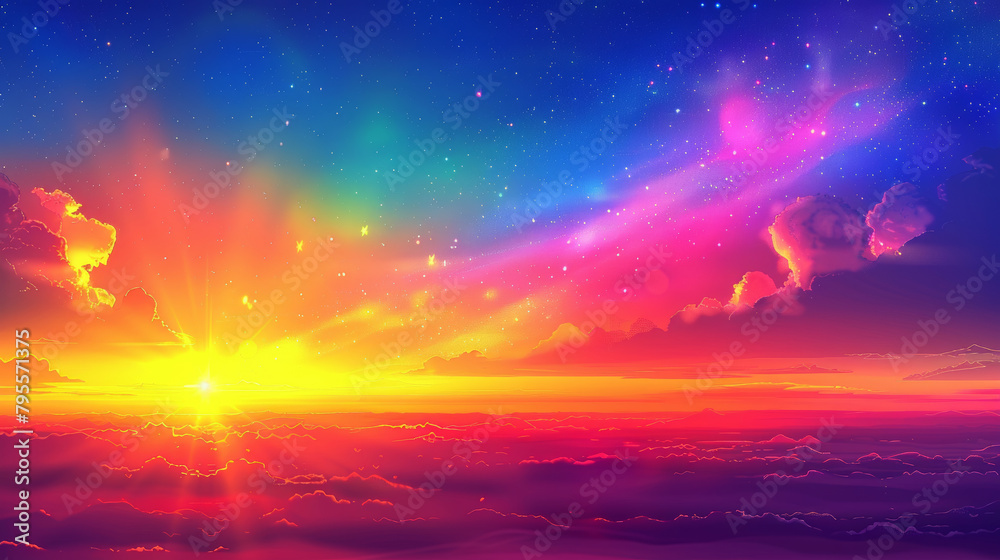 A colorful sky with a bright sun and a rainbow. The sky is filled with stars and clouds