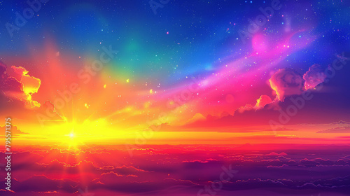 A colorful sky with a bright sun and a rainbow. The sky is filled with stars and clouds © Дмитрий Симаков