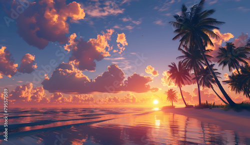 A beautiful sunset over the tropical beach with palm trees, creating an enchanting and romantic atmosphere