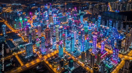 A city at night with neon lights on the buildings