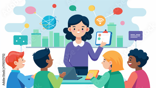 A teacher leads a class of young children their devices lighting up with colorful information and interactive lessons as it streams directly into.