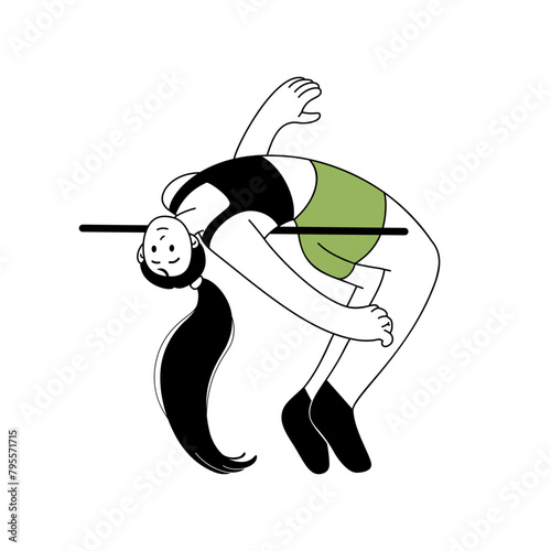 High jump outline illustration. Athlete jumps over crossbar icon. Womens sports competition. Character for sports standings, website, postcard, mascot. Healthy lifestyle. Vector line illustration.