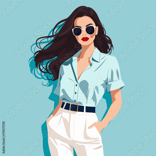 Vector fashion illustration of a young confident woman in sunglasses, wearing a stylish classic shirt and trousers. Modern woman boss.
