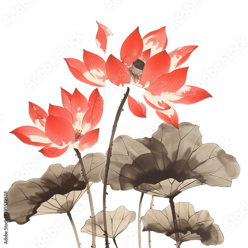 Traditional ink painting style Lotus and lotus leaves, Beautiful red blooming lotus, summer flowers.