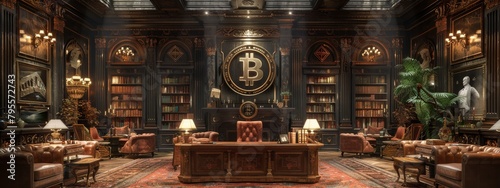 A secret society meeting with Bitcoin as the central theme, taking place in a room with ancient and modern decor. photo