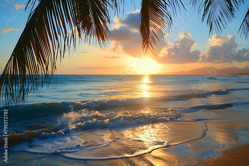 A serene beach scene at sunset, with palm leaves swaying in the breeze and gentle waves lapping against golden sand