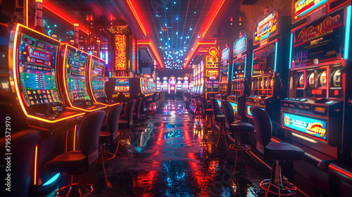 Entertainment area illuminated with casino machines at night.