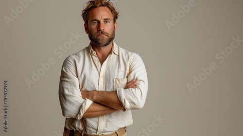 A man in a dress shirt and beard standing with crossed arms