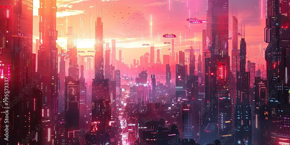 a stunning visualization of a futuristic cityscape, complete with sleek, geometric buildings rising against a backdrop of shimmering neon lights and hovering transportation pods
