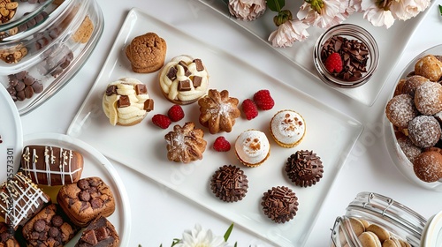 There are several kinds of cookies and pastries on a table. Some are on white dishes and some are in glass containers.

